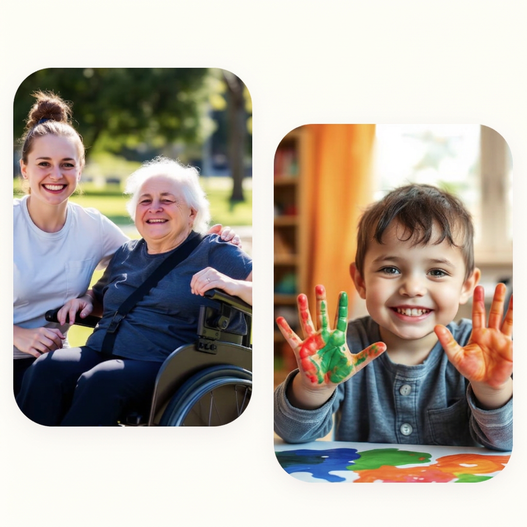 Friendly support worker with a senior participant and a happy child enjoying early childhood activities