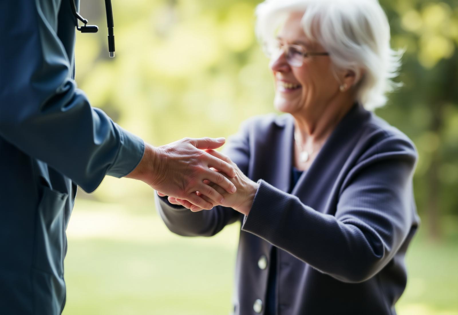 Caregiver holding hand of elderly woman with warm smile