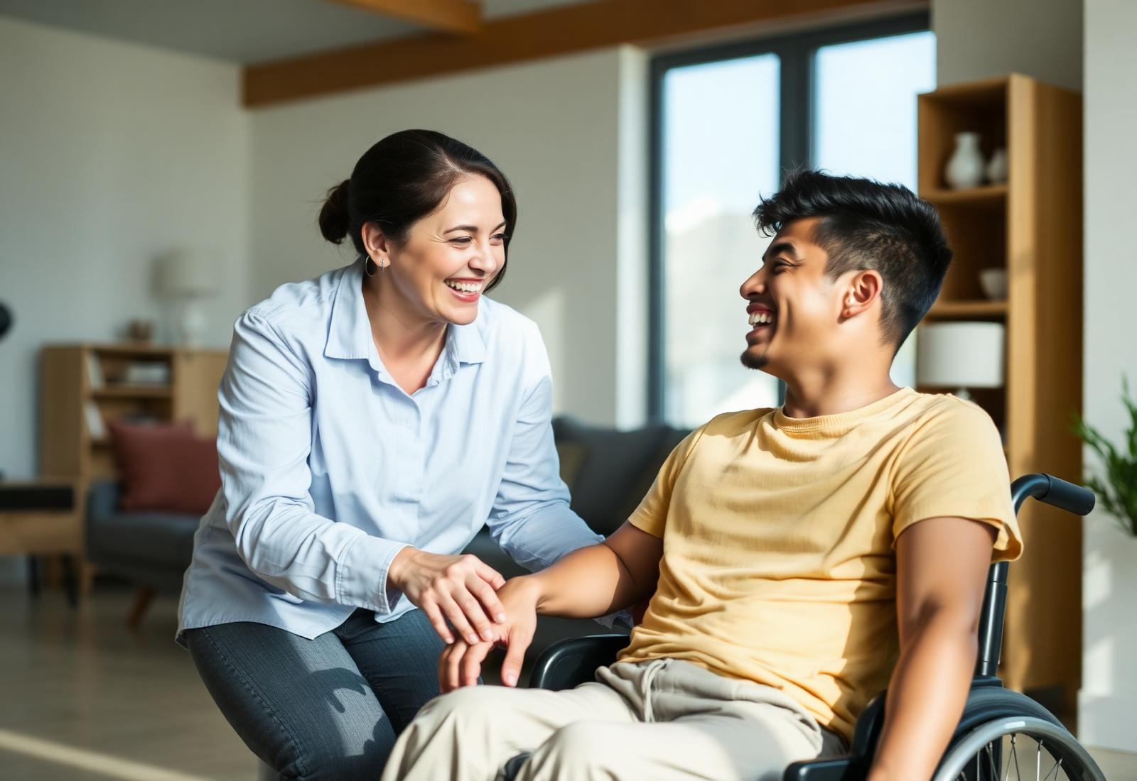 Support worker sharing a warm moment with a young man in a wheelchair